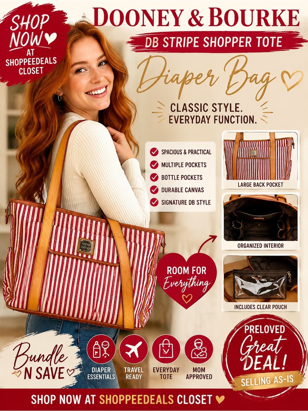 Dooney & Bourke DB Stripe Shopper Tote Diaper Bag Red White Canvas Leather